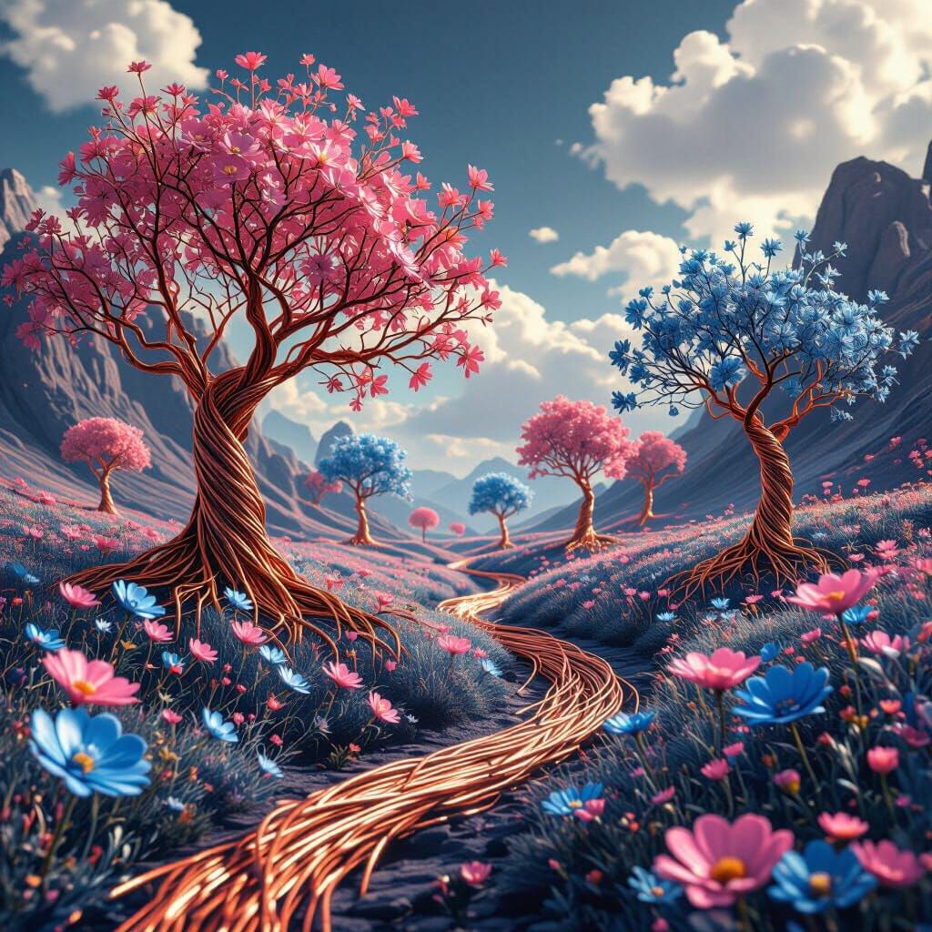 Magical Wire Landscape with Copper Trees in Photorealistic S...