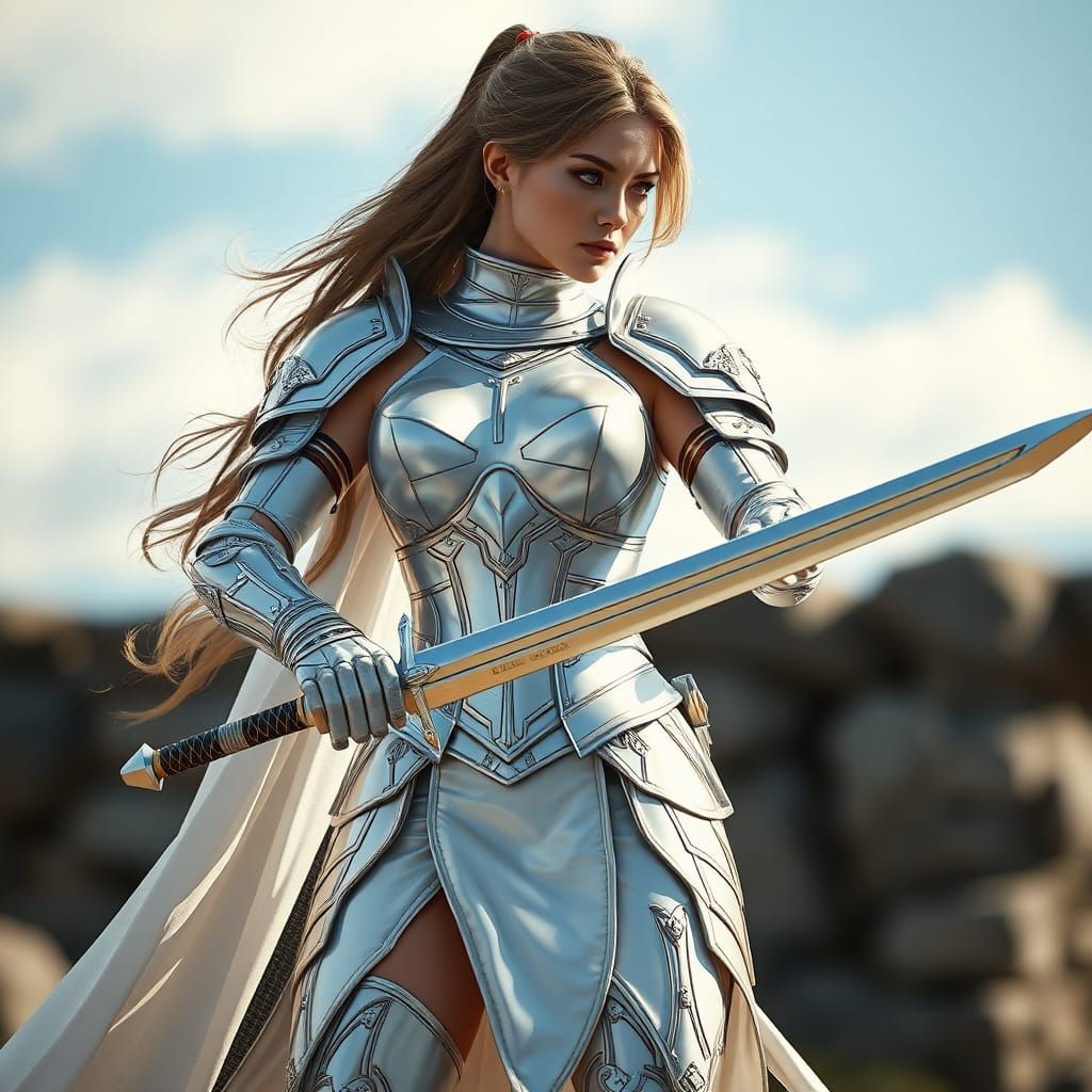 Hyperrealistic Woman Warrior in White Armor