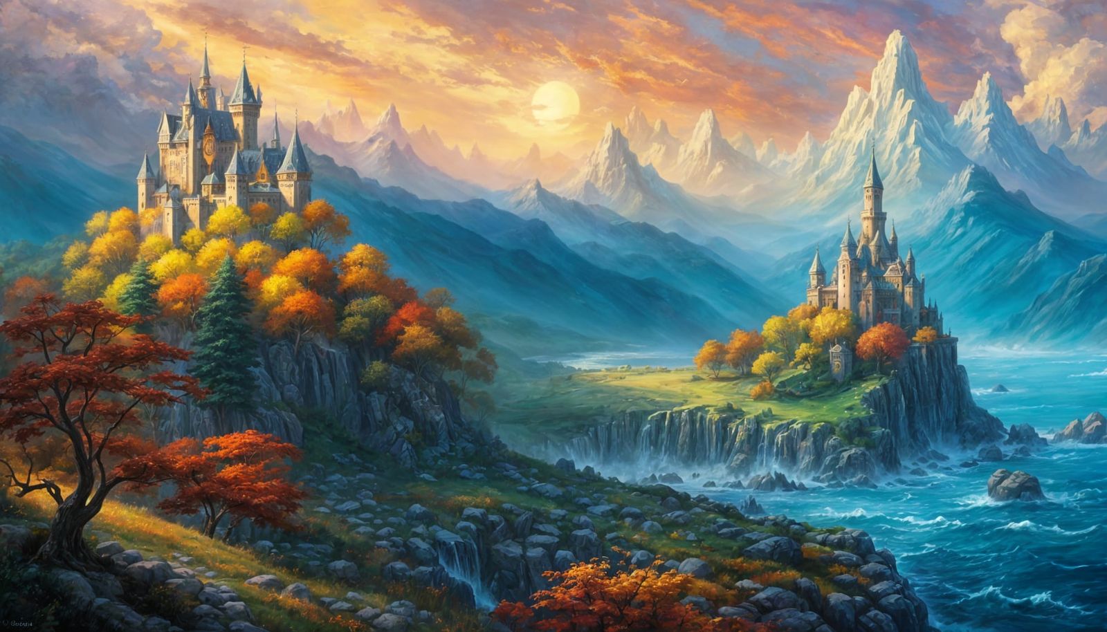 Elven Castle Overlooking Ocean in Autumn Light