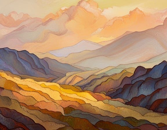 Majestic Mountain Range Oil Painting at Sunrise