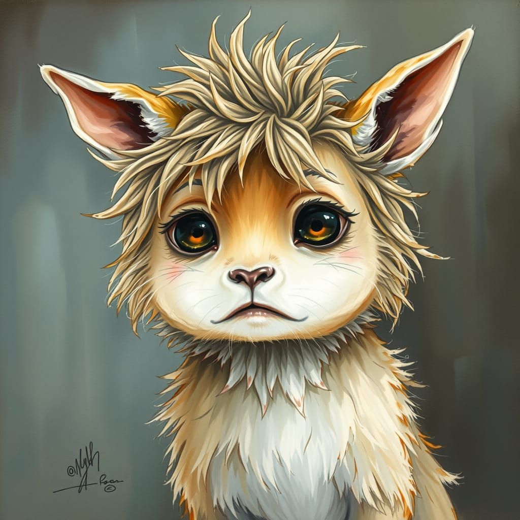 Melancholic Creature with Sad Eyes: Watercolor Impasto Paint...