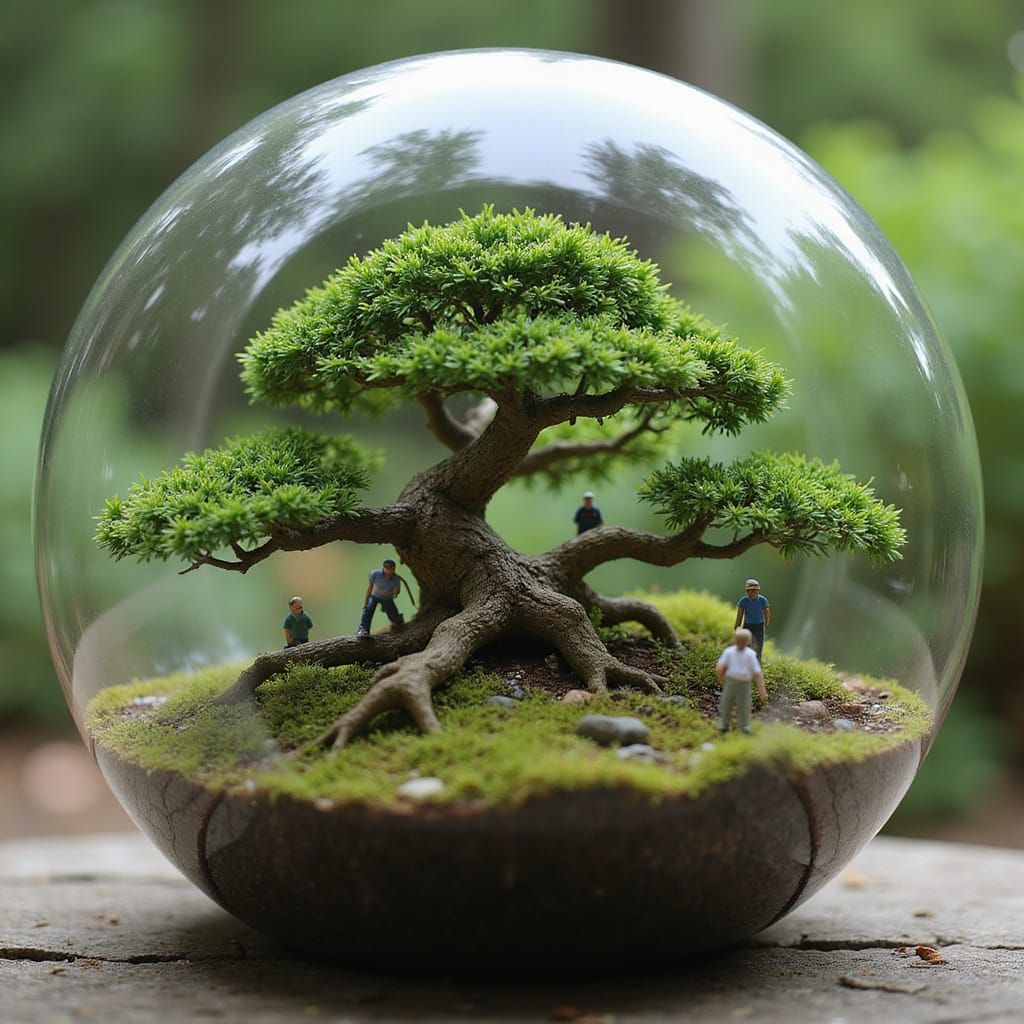 Miniature Figures Wander Bonsai Forest in Glass Terrarium