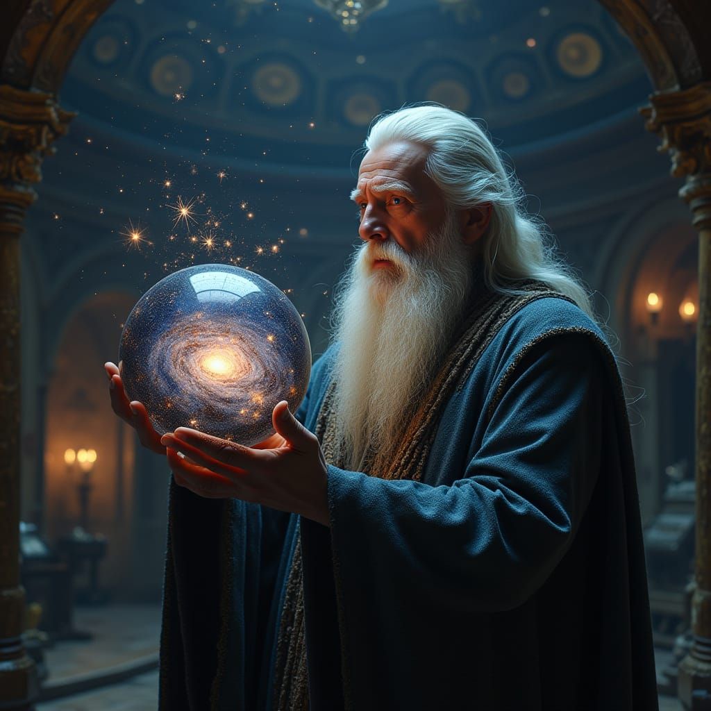Wizard Conjures Galaxy in Obsidian Orb