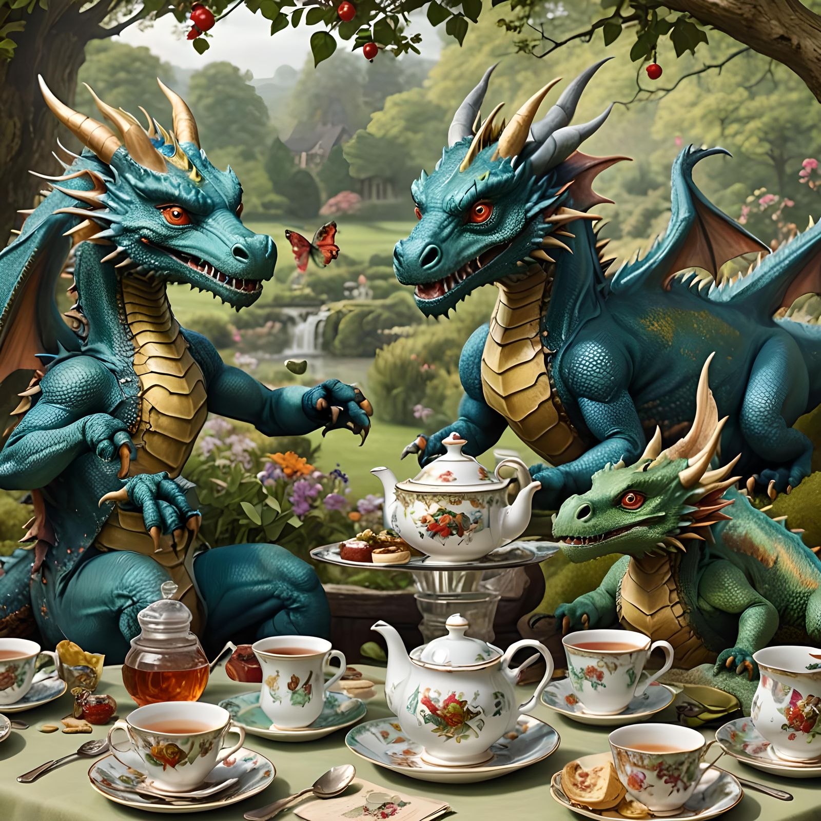Dragons at Tea Party: Realistic HD Image