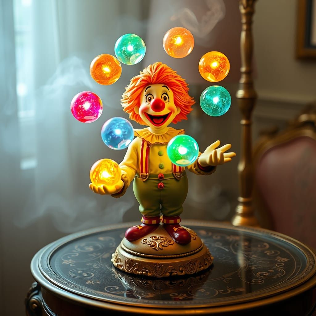 Whimsical Clown Juggling Glowing Balls in Kinkade Style