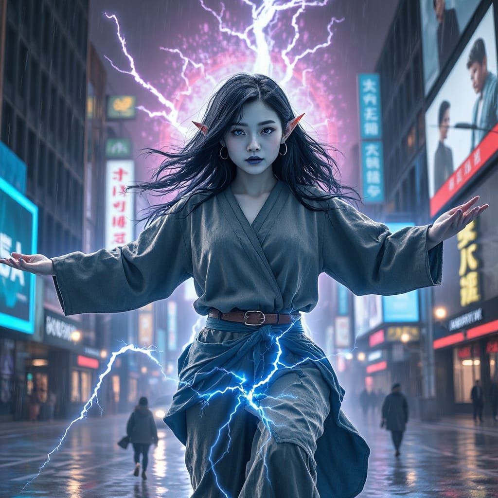 Electric Goddess Amidst Cyberpunk Metropolis