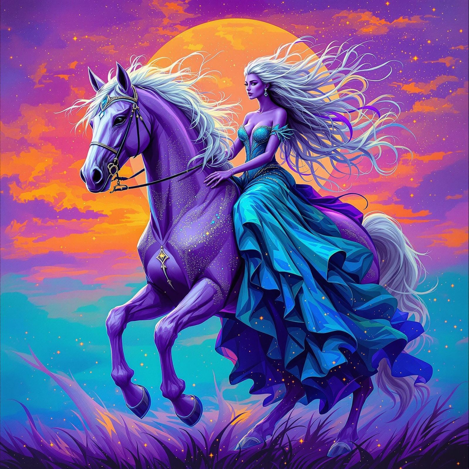 Lady Godiva on Purple Horse in Graffiti Art Style