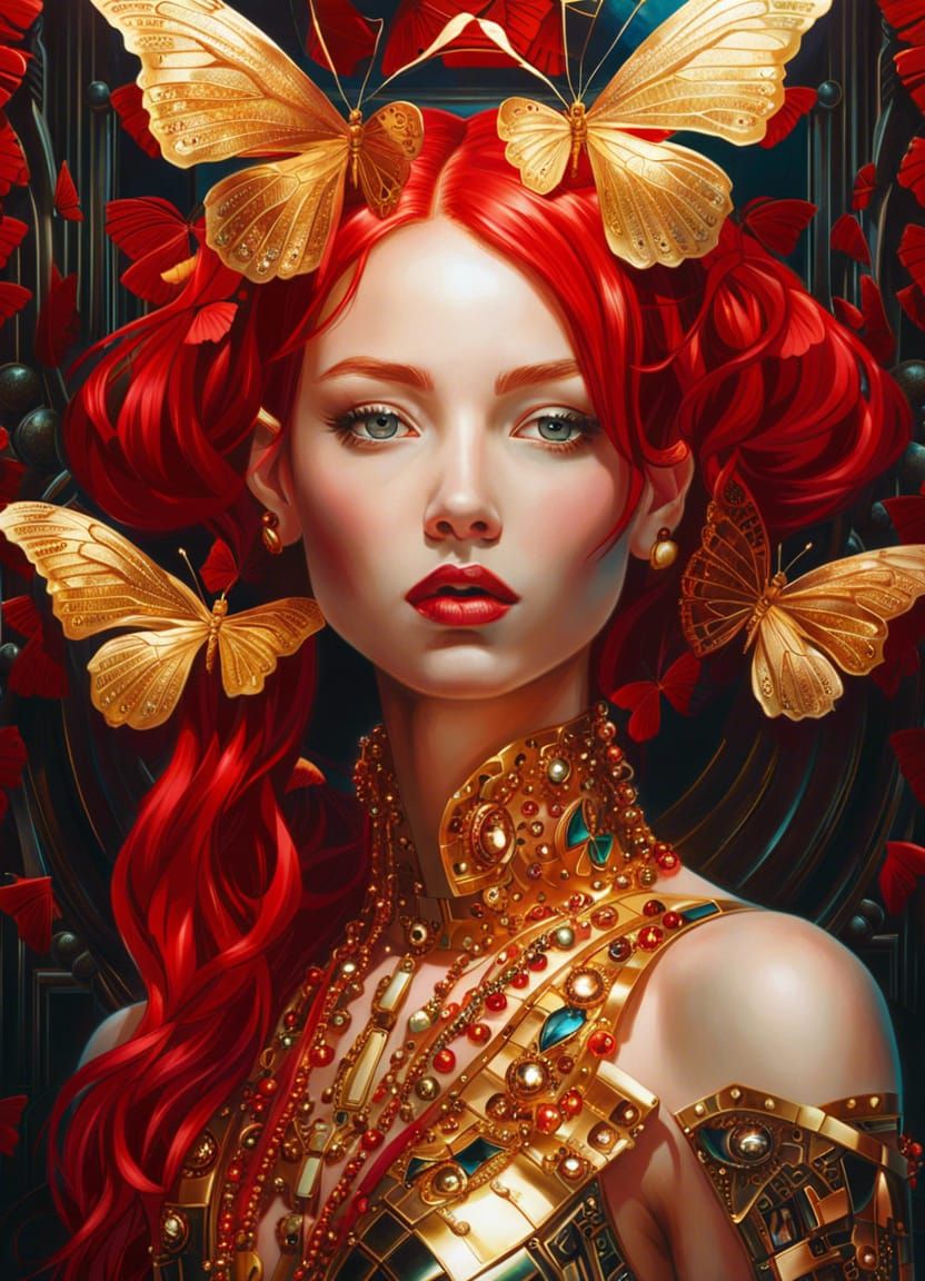 Detailed Cyborg Portrait with Gold Butterfly Filigree