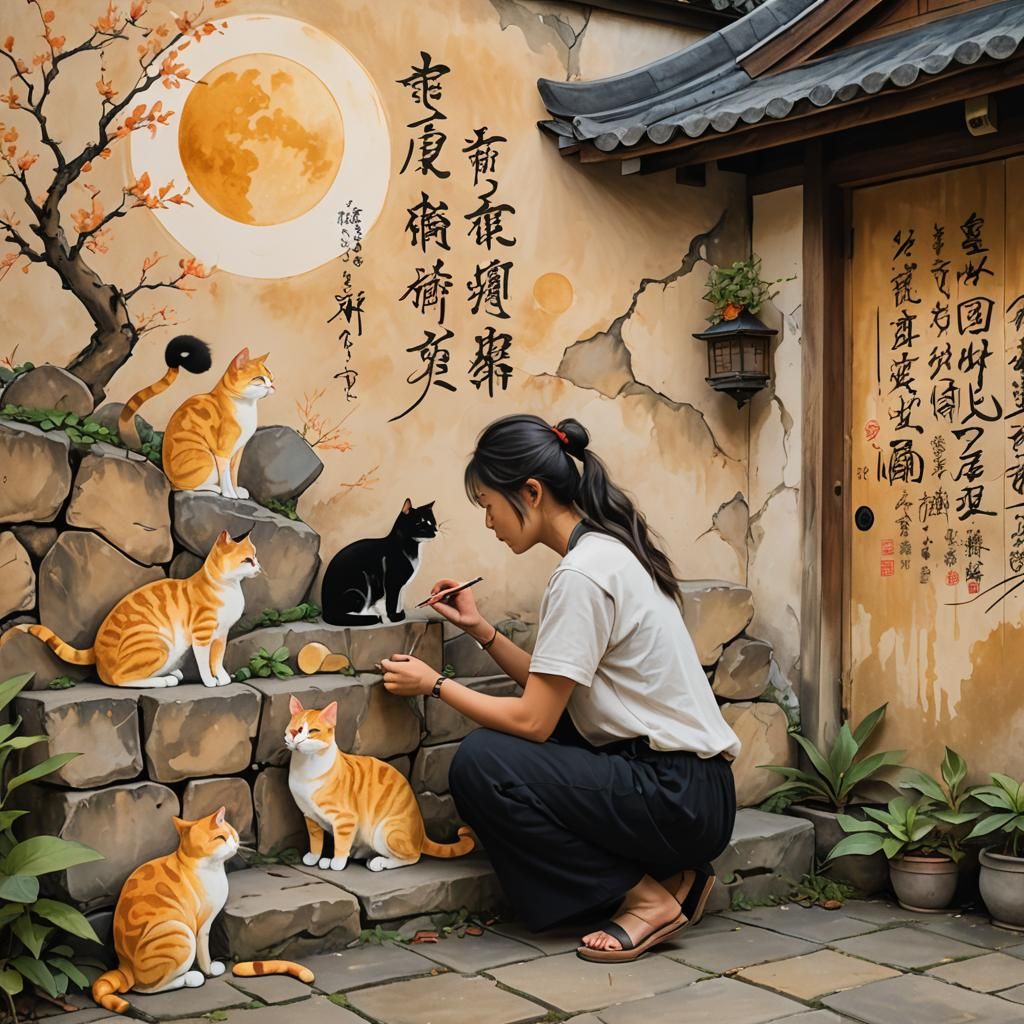 Mischievous Cats Mural in Watercolor Tattoo Style