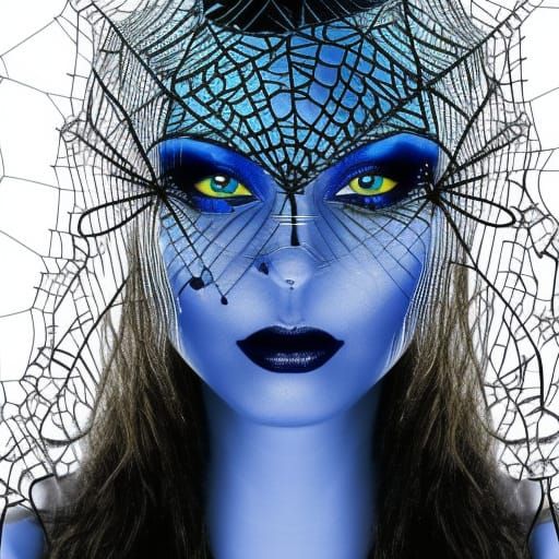 Exotic Woman with Emerald Eyes Behind Silver Web