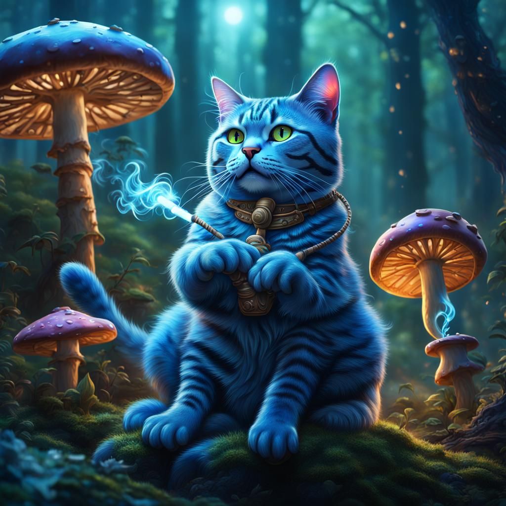 Blue Tabby Cat Smoking Hookah in Cosmic Forest