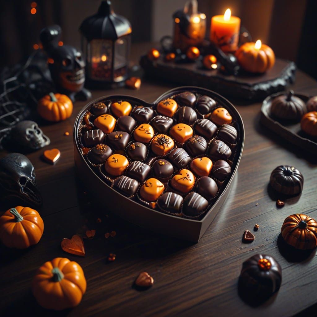 a heart-shaped box of chocolates on a table with Halloween d...