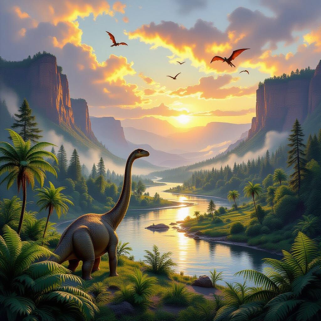 Brachiosaurus in Jurassic Landscape at Golden Hour
