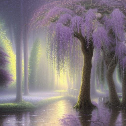 Ethereal Weeping Willows in Misty Landscape