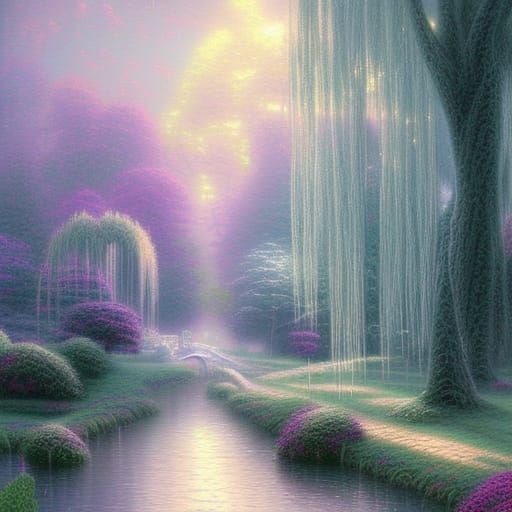 Ethereal Weeping Willow Trees in Fantasy Landscape