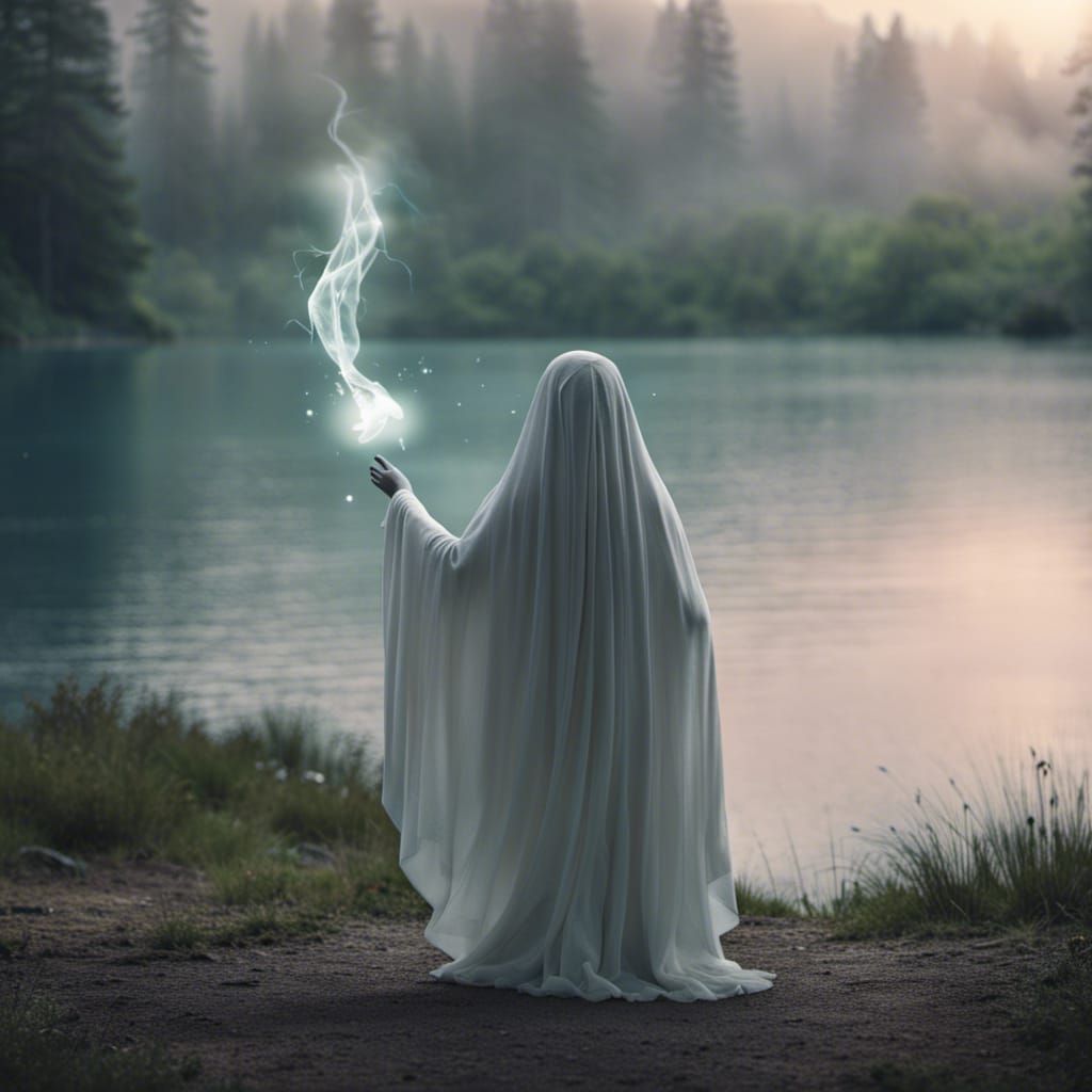 Ethereal Ghost Conjures Patronus Charm by Lake
