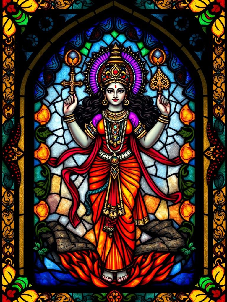 "A stained glass window design featuring Durga in vibrant co...