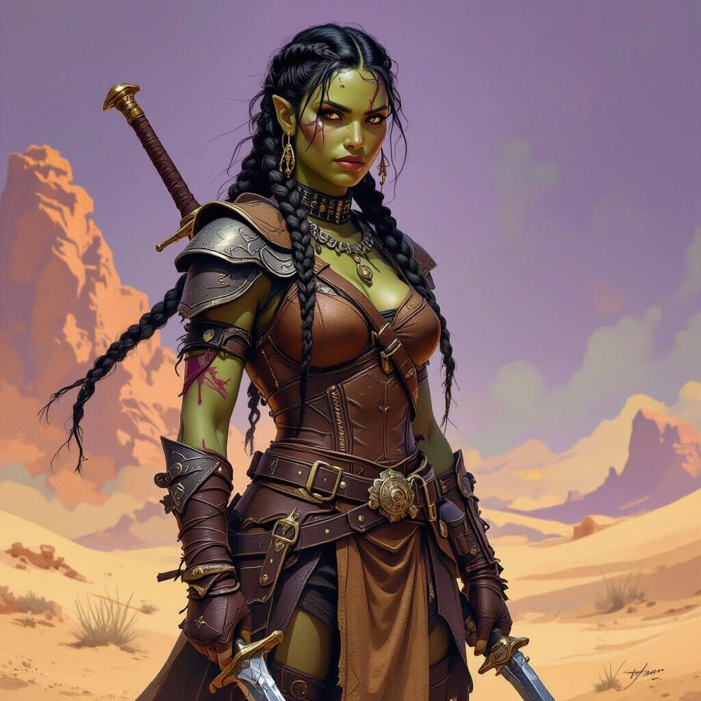 Half-Orc Desert Survivor in Dark Fantasy Style