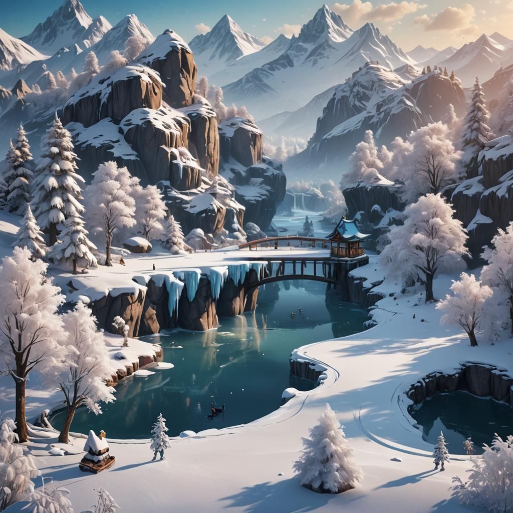 Ice Skating Panda on Frozen Lake in Winter