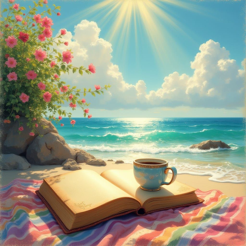 Impressionist Beach Scene with Book and Coffee