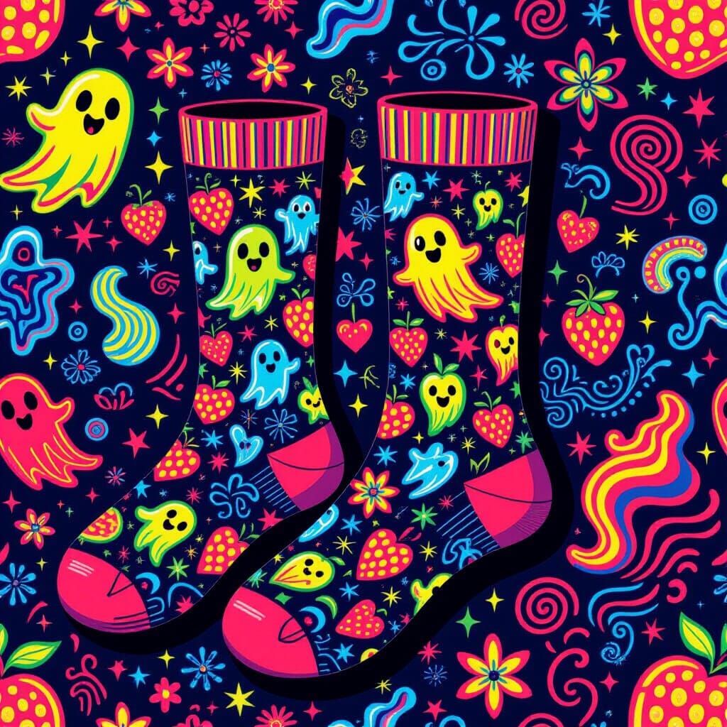 Vibrant Socks with Fruit Ghosts in Neon 80s Style
