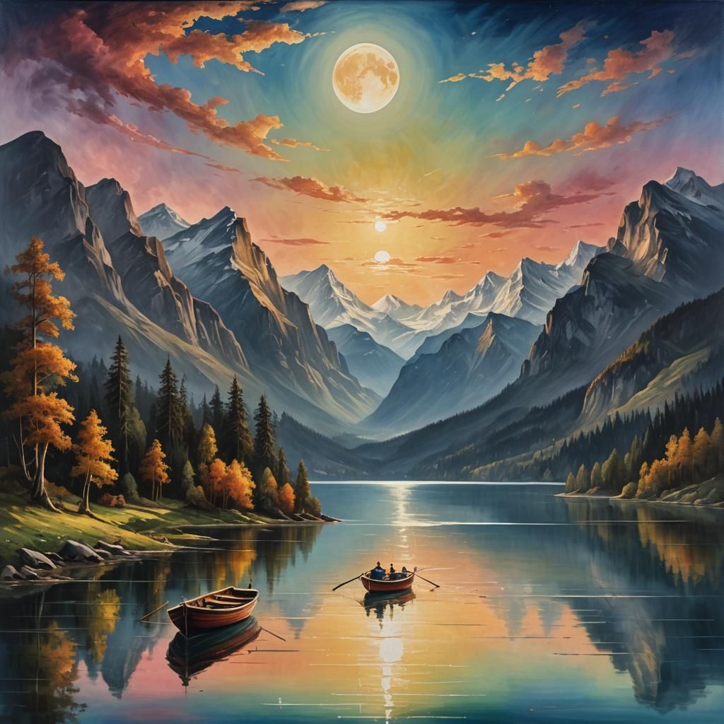 Majestic Mountain Lake at Twilight: Luminist Painting