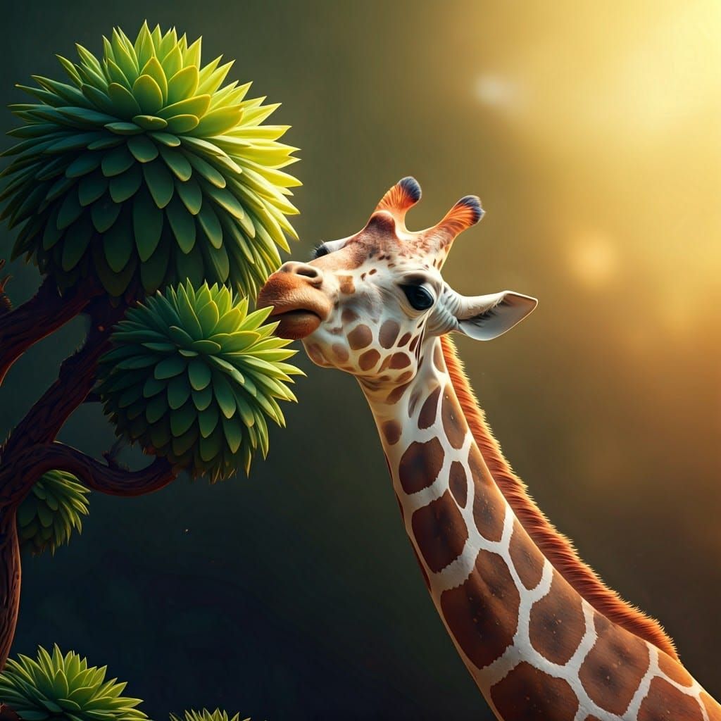 Giraffe Reaching for Leaves in Matte Painting Style