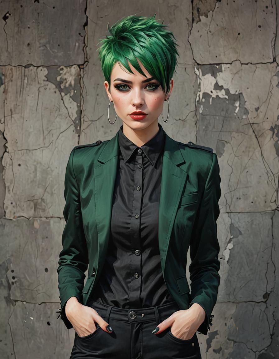 Punk Girl with Green Pixie Cut in Pantsuit