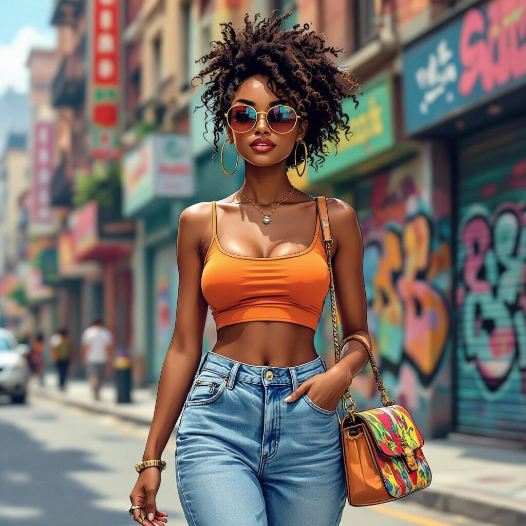 African Woman in Comic Book Graffiti City