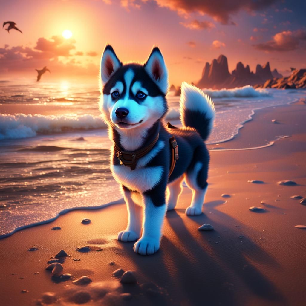 Baby Husky at Sunset: Fantasy Concept Art