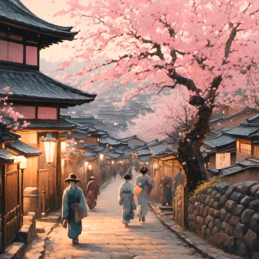 Kyoto Village in Ukiyo-e Woodblock Print Style