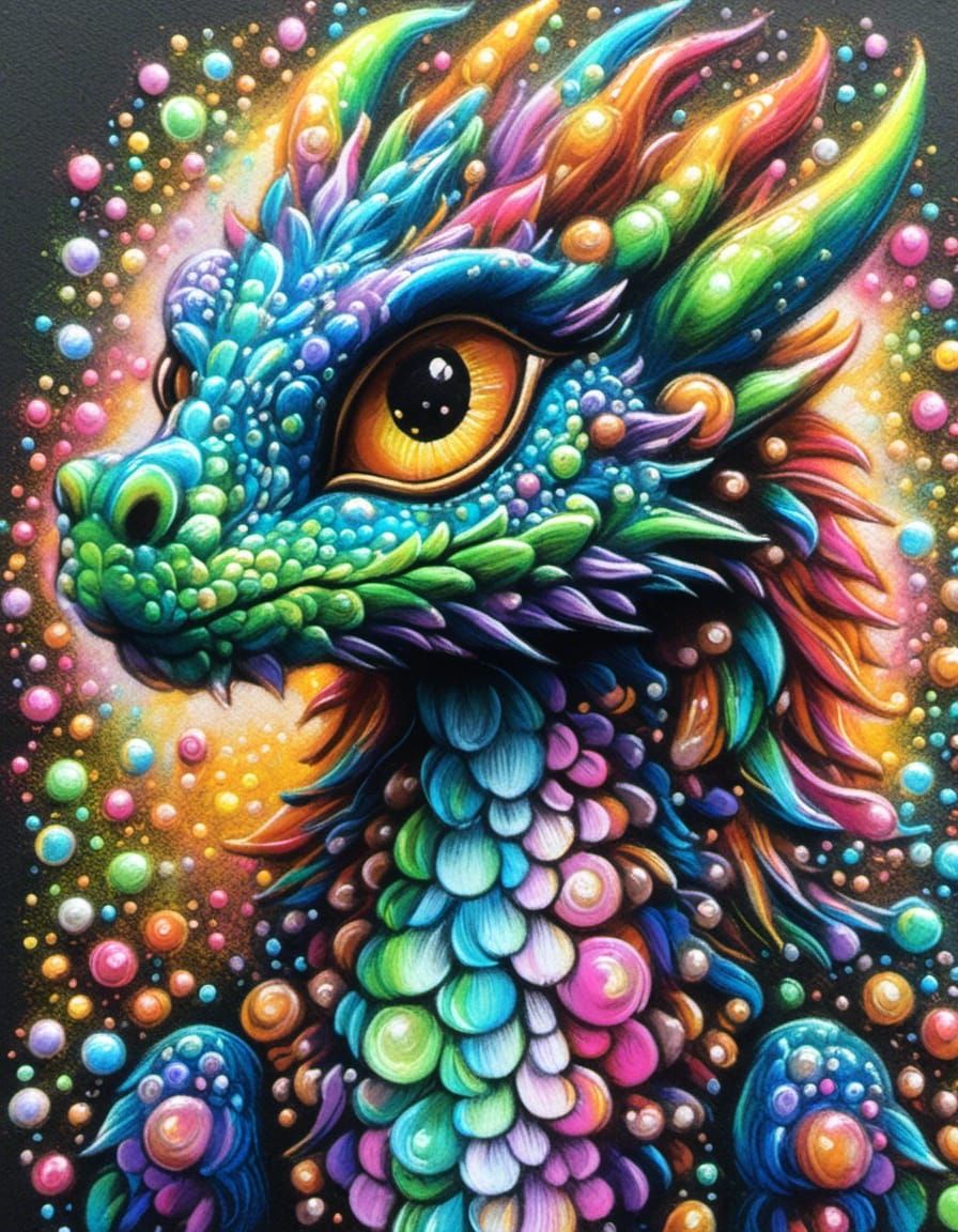 Chalk Art: Adorable Dragon with Luminescent Gems