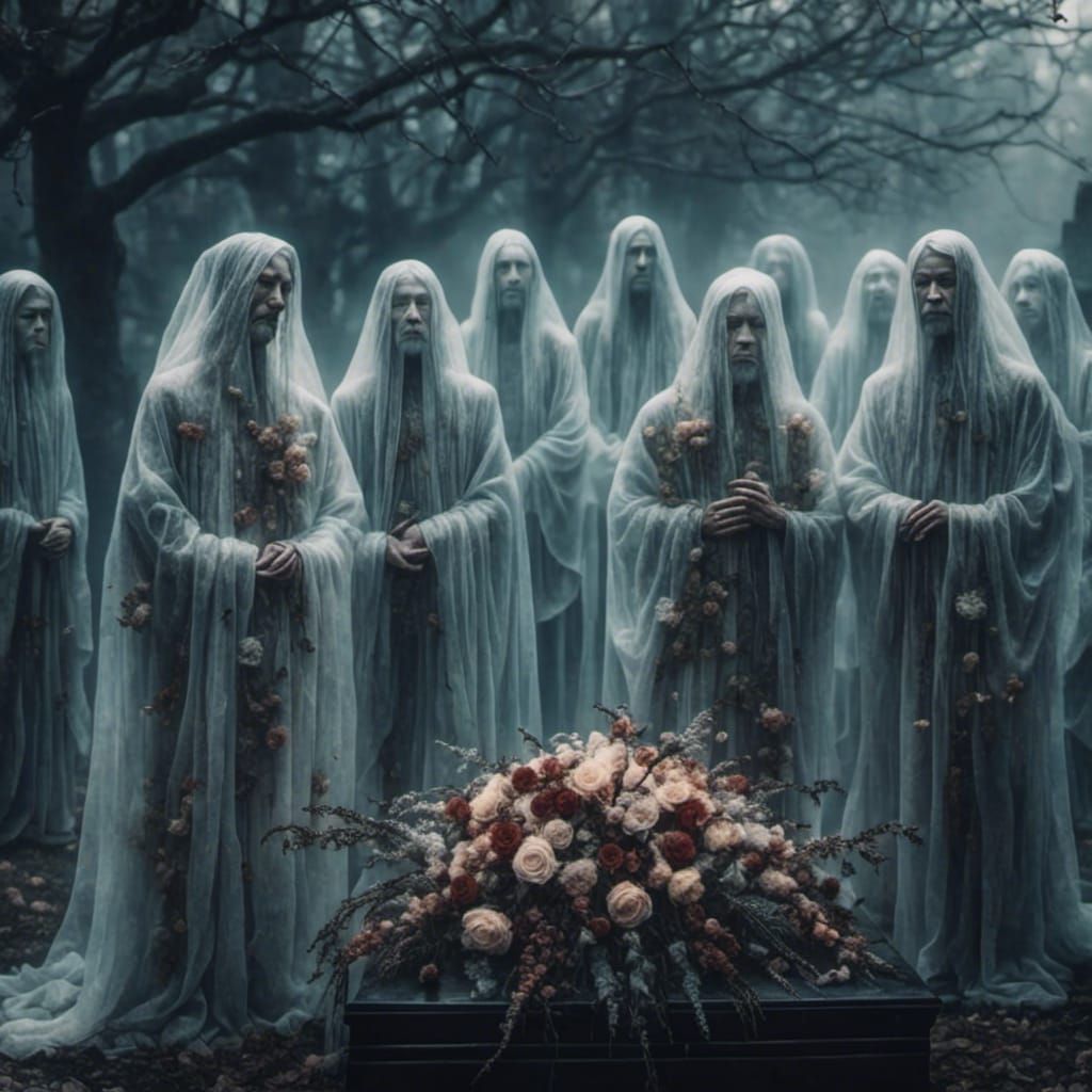 Funeral Scene: Chinese Men Mourning in Rain