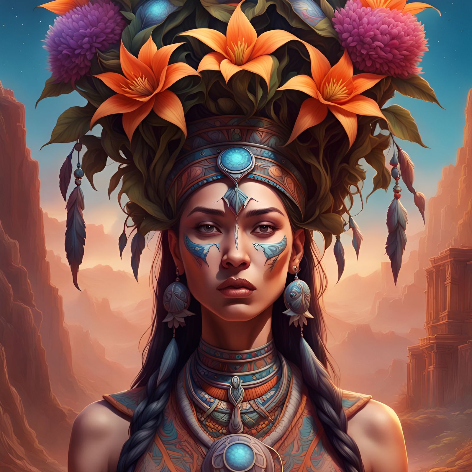 Native American Priestess with a Datura Flower Headdress