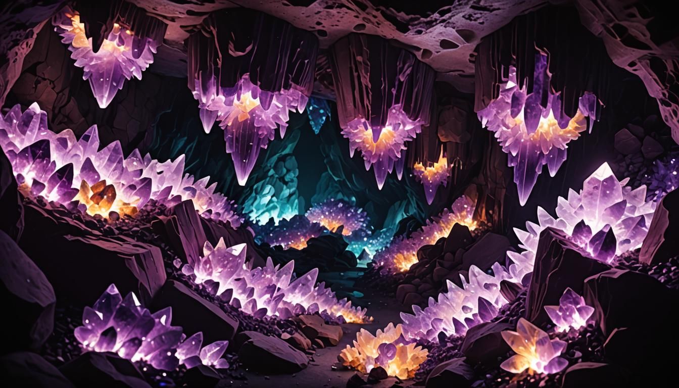 Glowing Amethyst Cave Interior: Cinematic Film Still