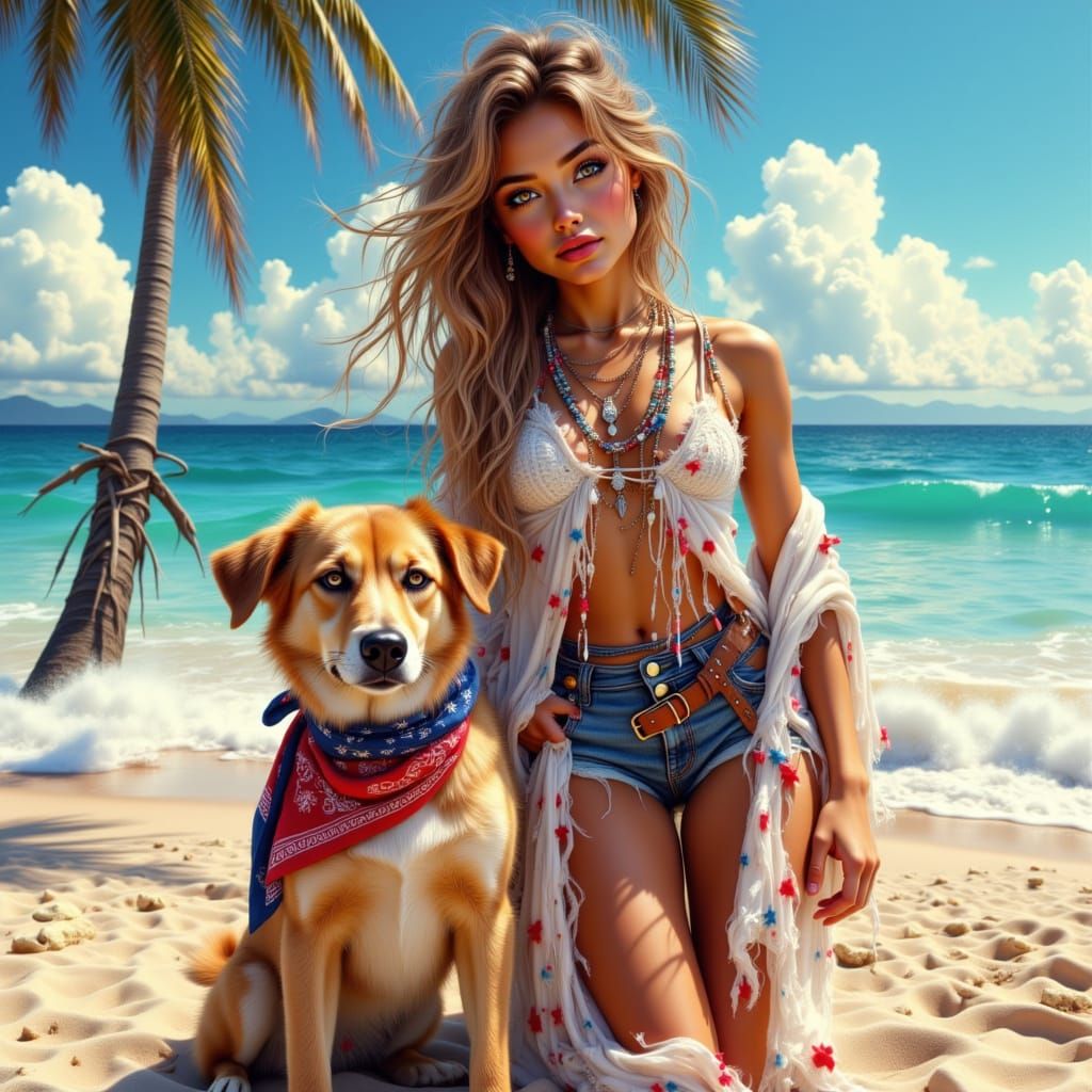 Girl and Dog Celebrate 4th of July on Beach
