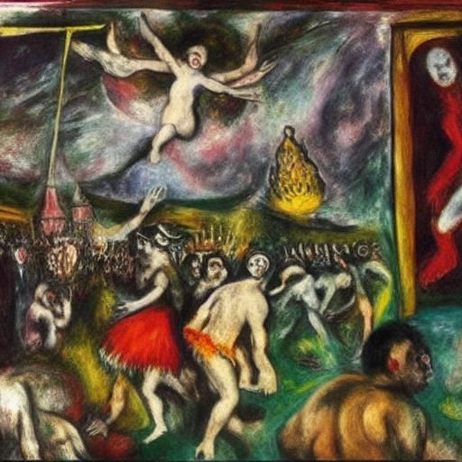 Surreal Scene Inspired by El Greco, Ensor, and Chagall