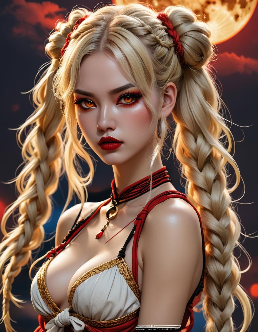 Goddess with Long Knotted Pigtails and Golden Flaming