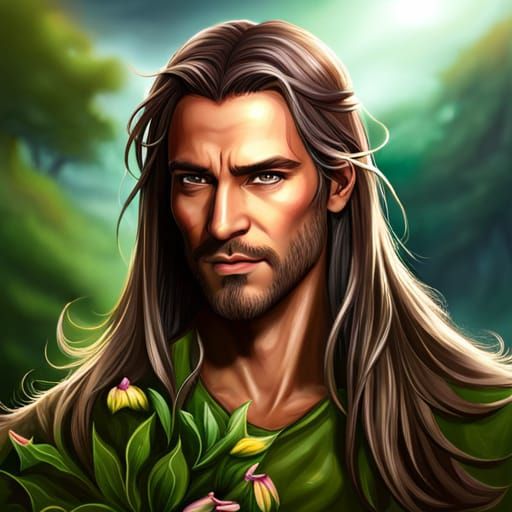 Handsome Half-Elf Druid Portrait in Spring Forest