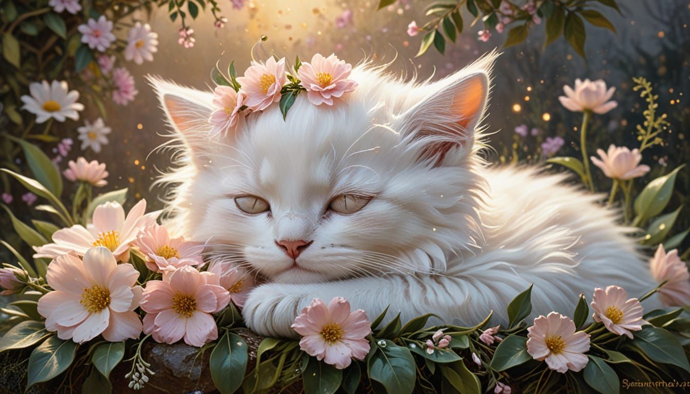 Cute Kitten Sleeping in Flower Crown Digital Oil Painting