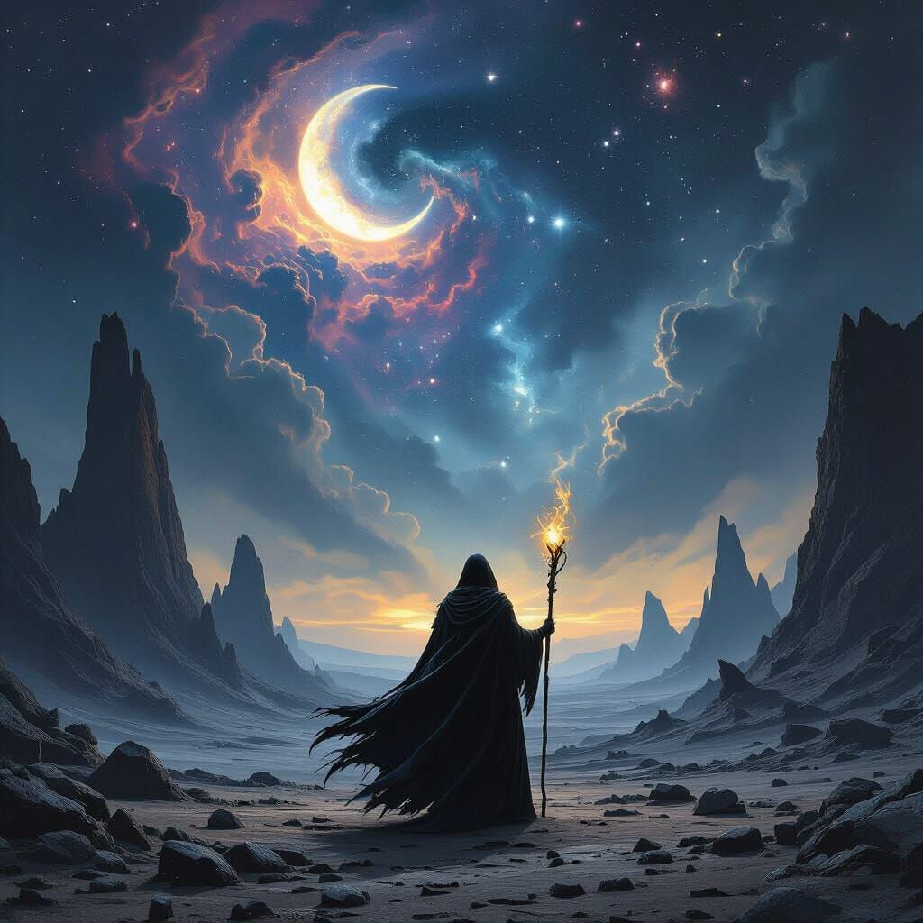 Alien Witch Gazes at Nebulae, Dark Fantasy Art