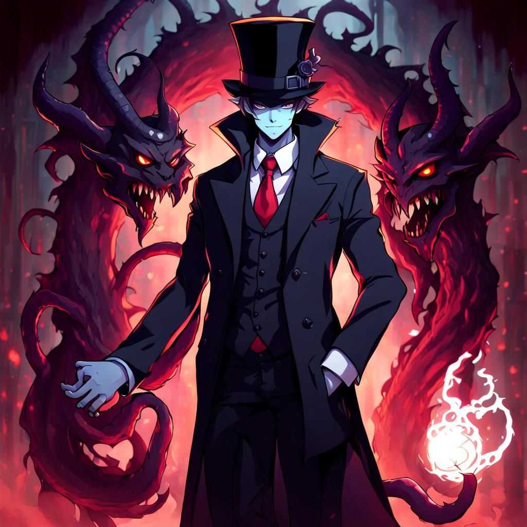 Horned Demon Shopkeeper with Shadow Tentacle in Anime Style