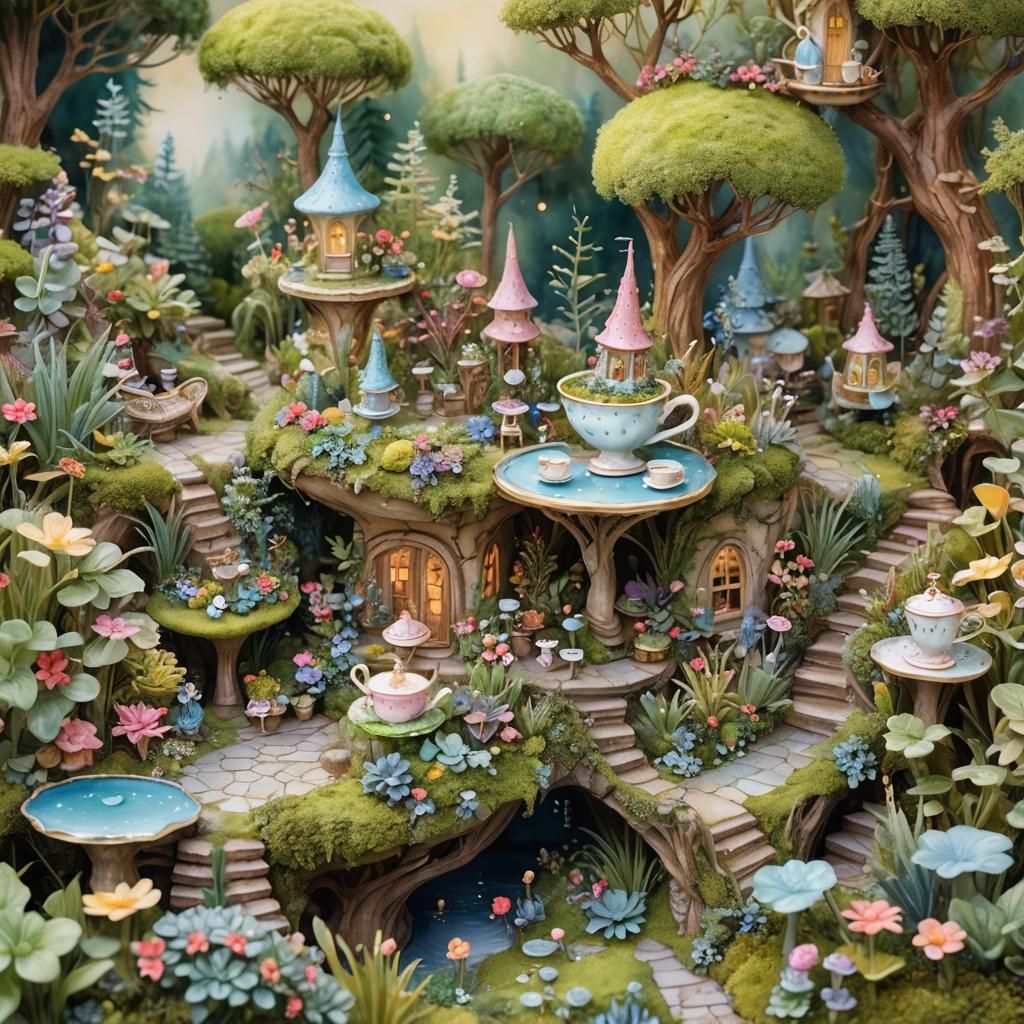 Enchanting Teacup Fairy World in Watercolor Style