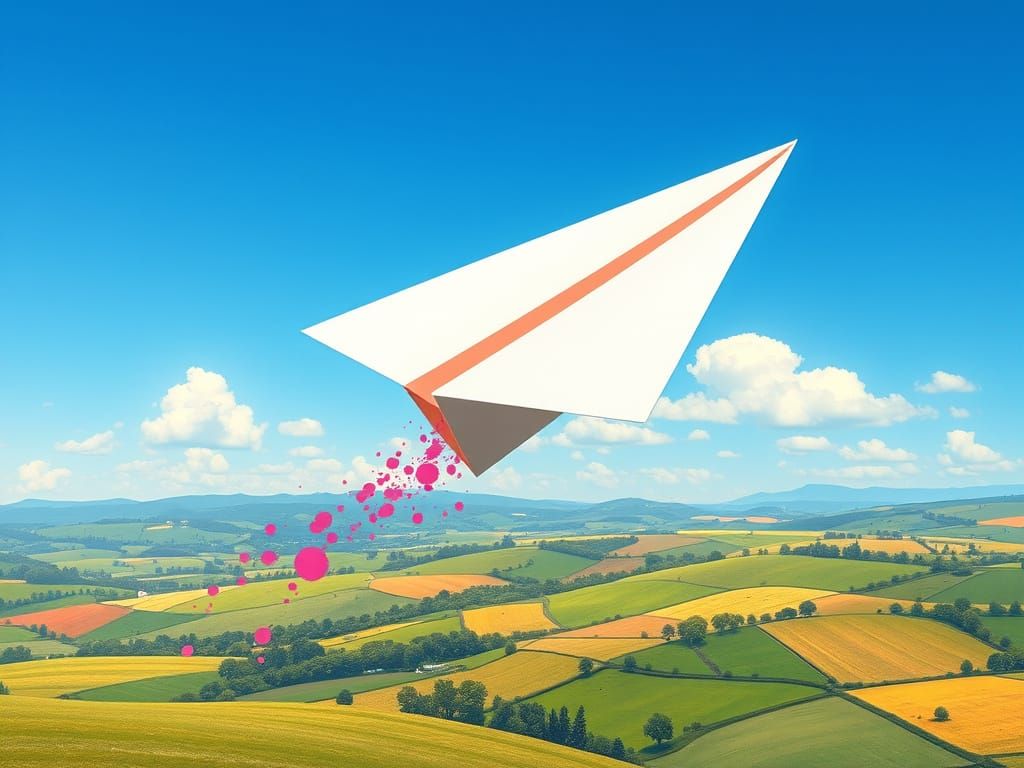 Whimsical Paper Airplane Soars Over Lush Countryside