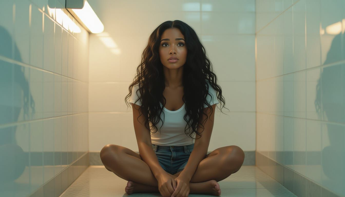 Resilient Woman in Clinic Bathroom, Cinematic Film Still