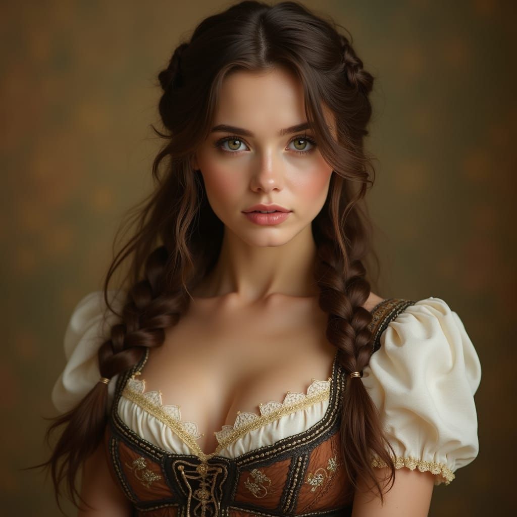 Stunning Curvy Woman in Traditional Bavarian Dirndl, in Pre-...