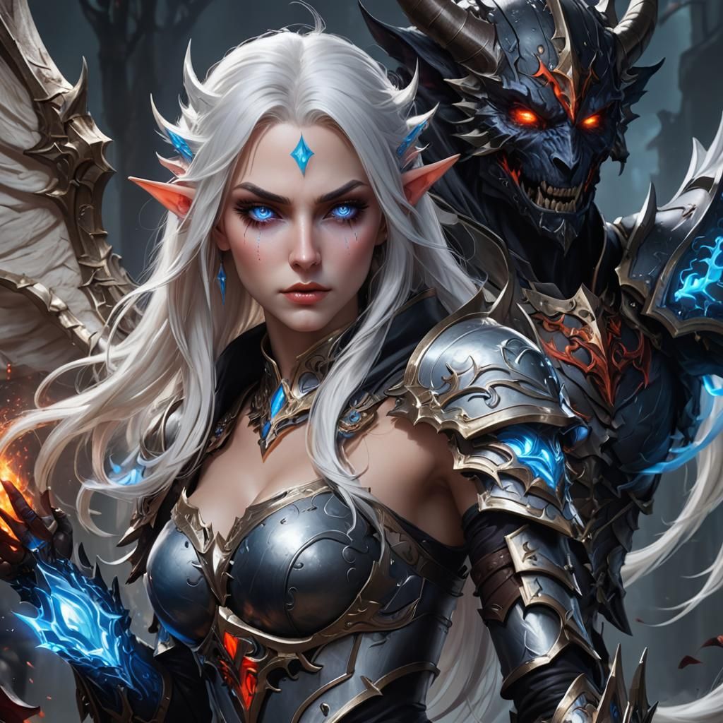 Blood Elf Death Knight vs Demon, Hyperdetailed Portrait