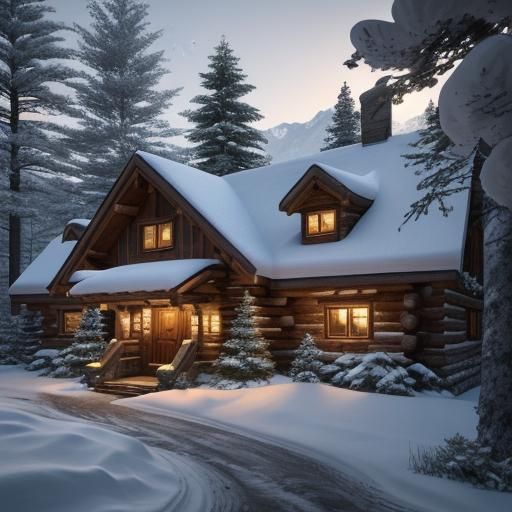 Winter Christmas Retreat in Snowy Mountains: 3D Render