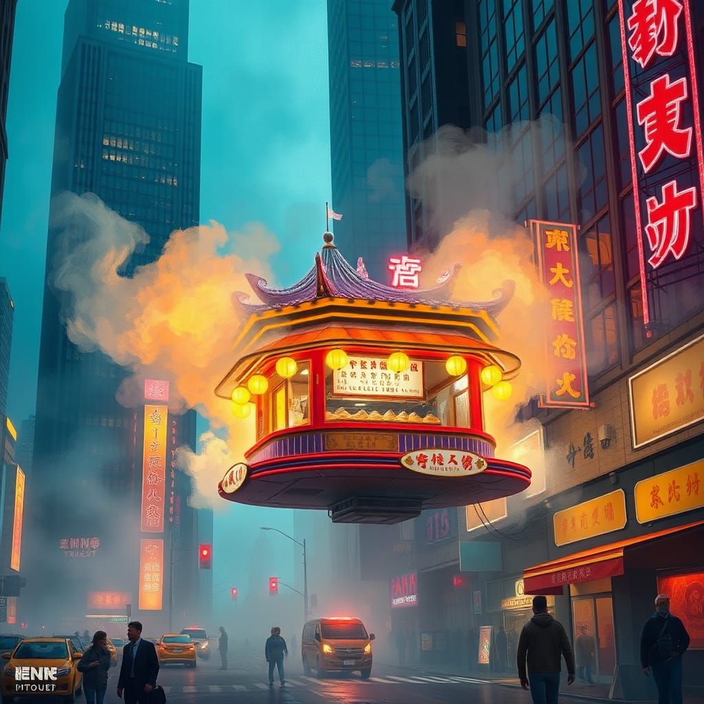 Futuristic Dumpling Stand in New Chinatown: Gouache Watercol...