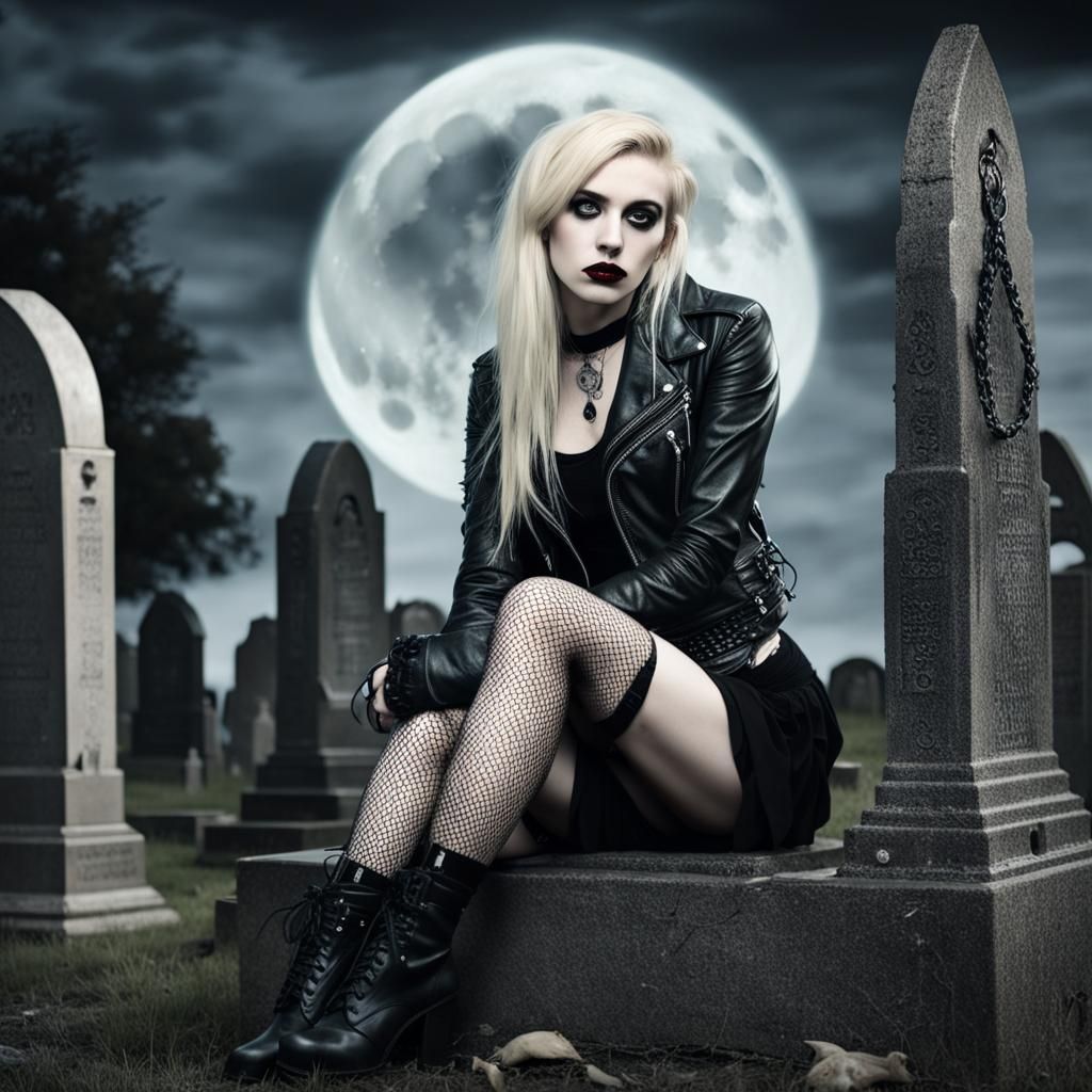 Goth Woman in Graveyard Under Full Moon